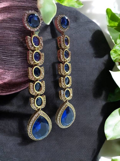 Blue Stone Studded Brass Long Earings Alloy Drops & Danglers